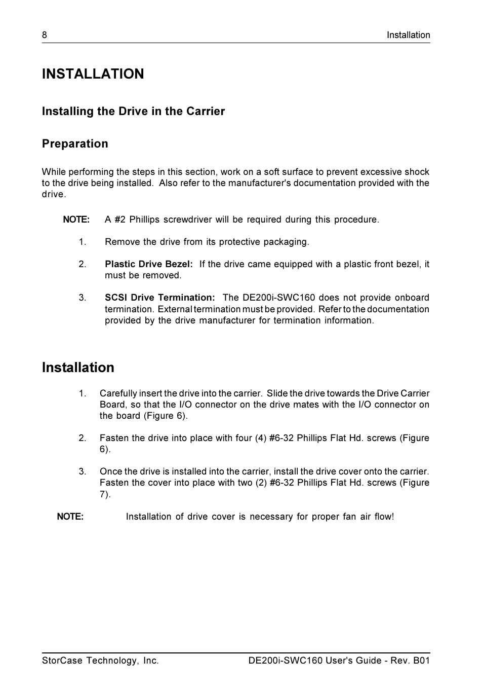 Installation, Installing the drive in the carrier preparation | StorCase Technology DE200i-SWC160 User Manual | Page 15 / 37