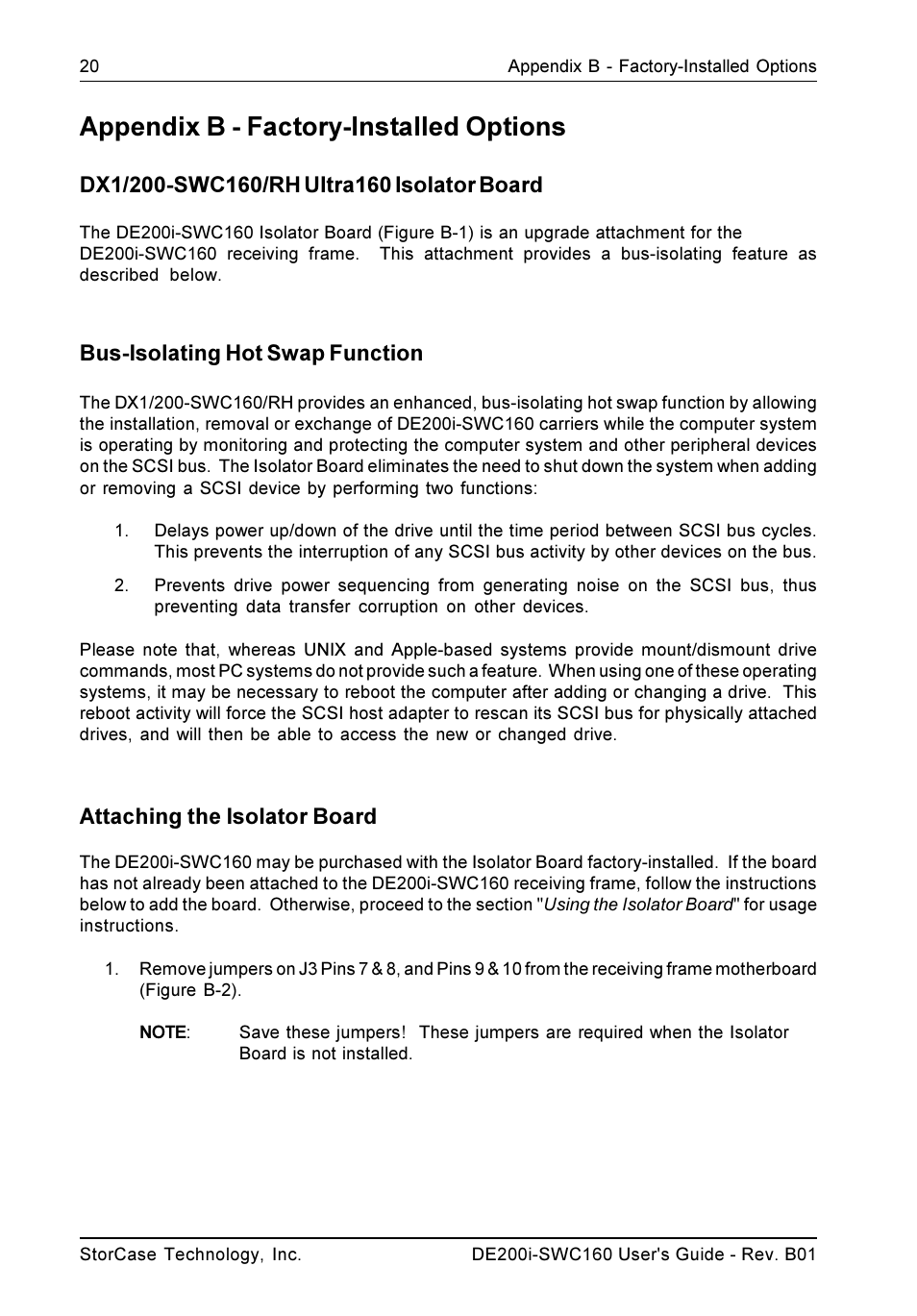Appendix b - factory-installed options, Bus-isolating hot swap function, Attaching the isolator board | StorCase Technology DE200i-SWC160 User Manual | Page 27 / 37