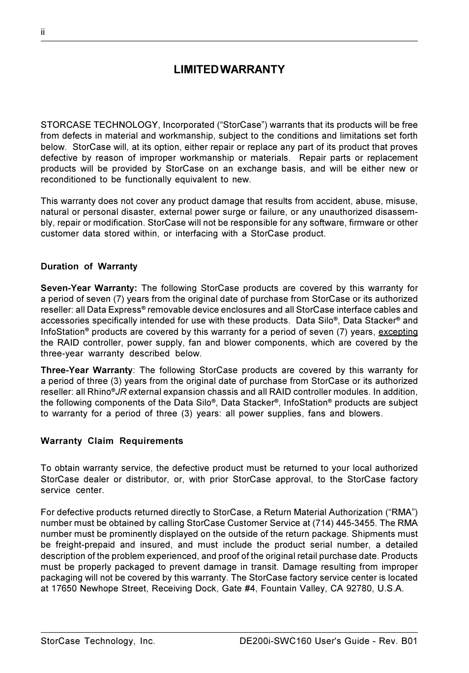 Limited warranty | StorCase Technology DE200i-SWC160 User Manual | Page 3 / 37