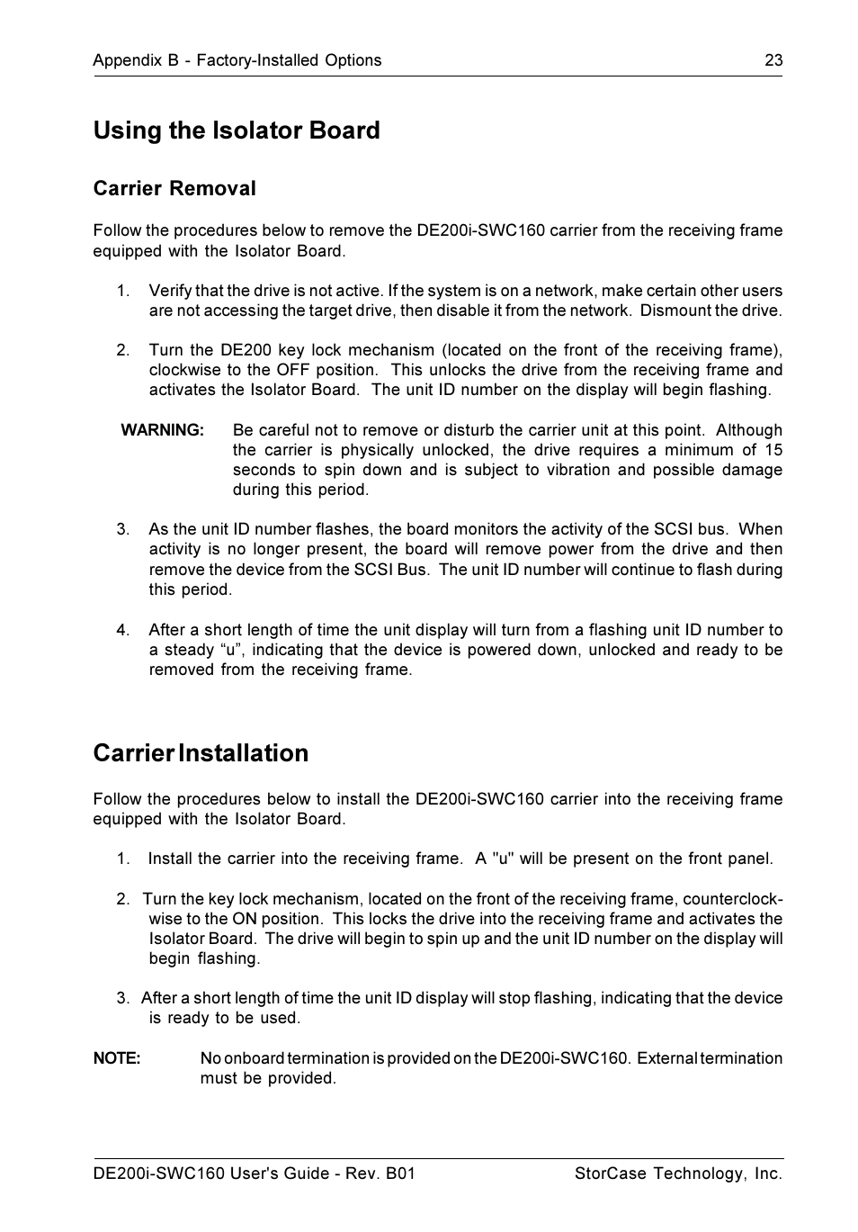 Using the isolator board, Carrier installation, Carrier removal | StorCase Technology DE200i-SWC160 User Manual | Page 30 / 37