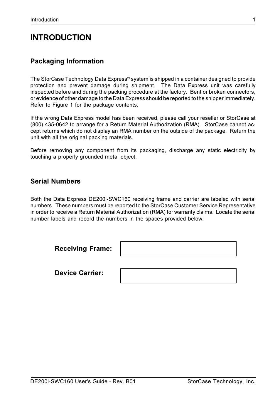 Introduction, Packaging information, Serial numbers | Receiving frame: device carrier | StorCase Technology DE200i-SWC160 User Manual | Page 8 / 37
