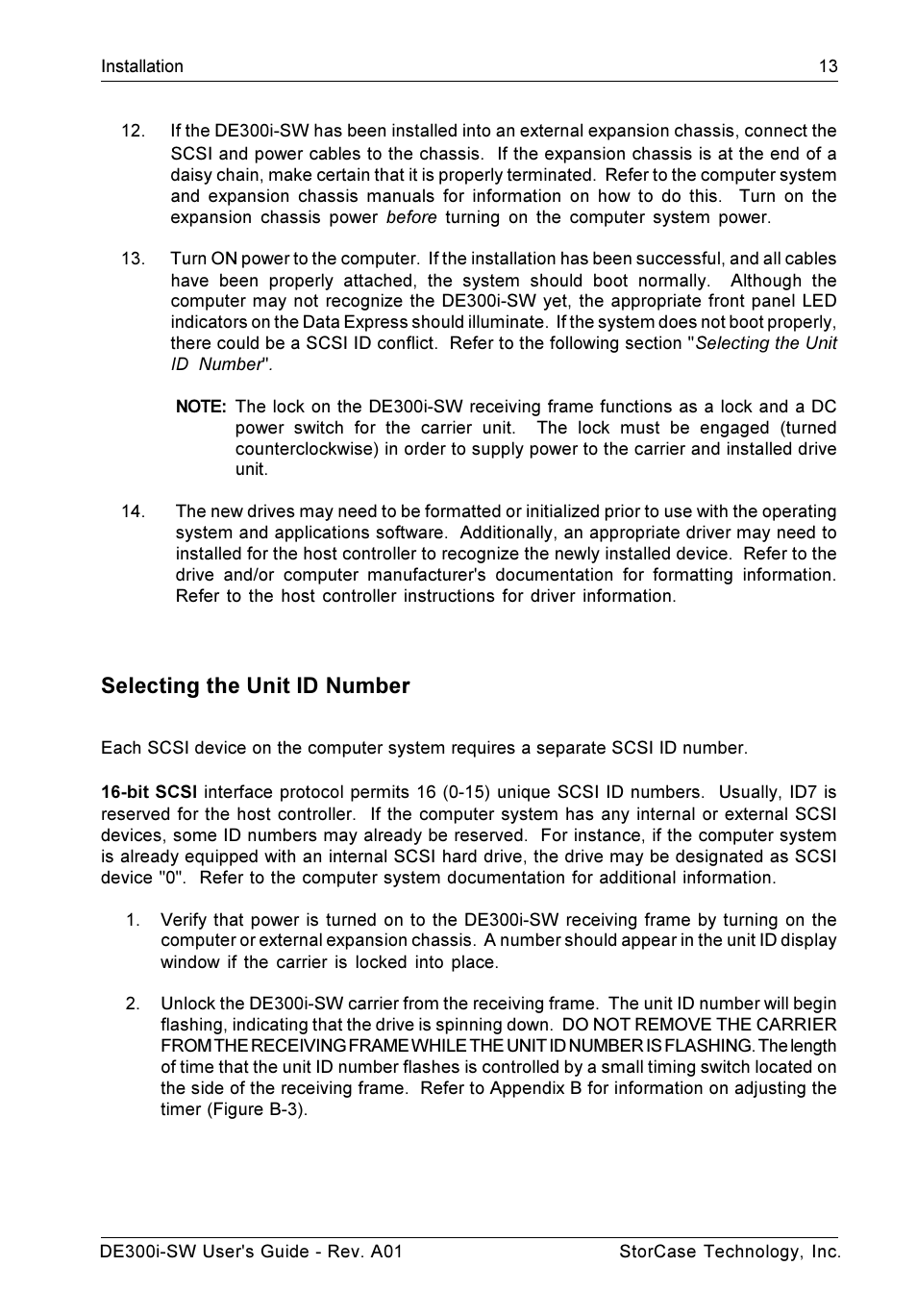 Selecting the unit id number | StorCase Technology DE300i-SW User Manual | Page 20 / 35