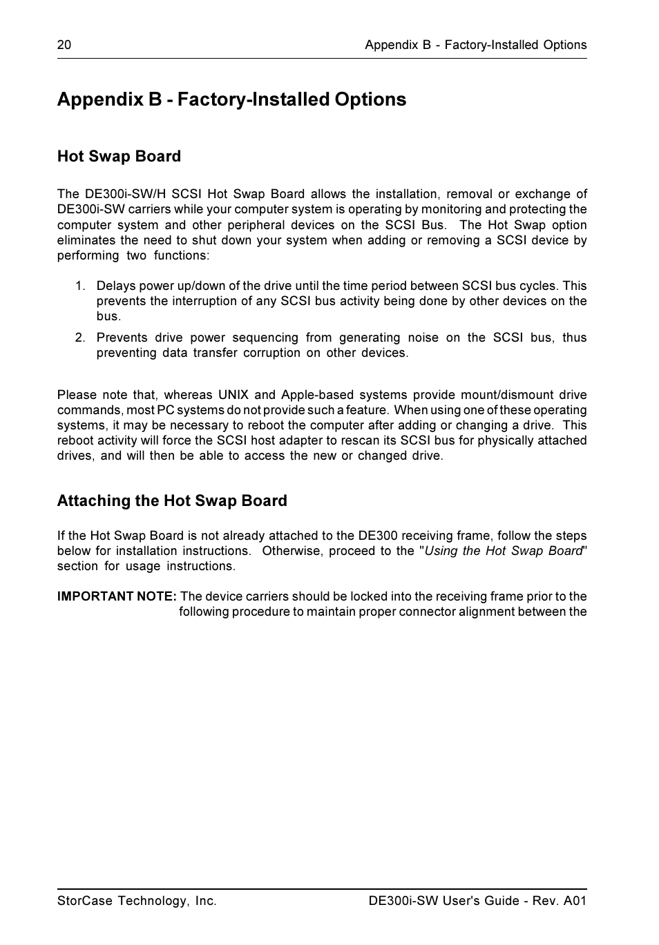 Appendix b - factory-installed options, Hot swap board, Attaching the hot swap board | StorCase Technology DE300i-SW User Manual | Page 27 / 35