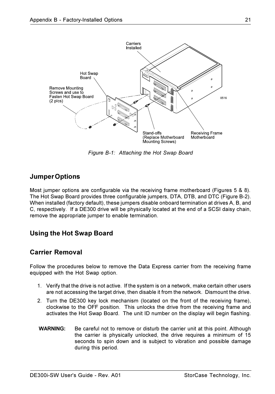 Jumper options, Using the hot swap board carrier removal | StorCase Technology DE300i-SW User Manual | Page 28 / 35