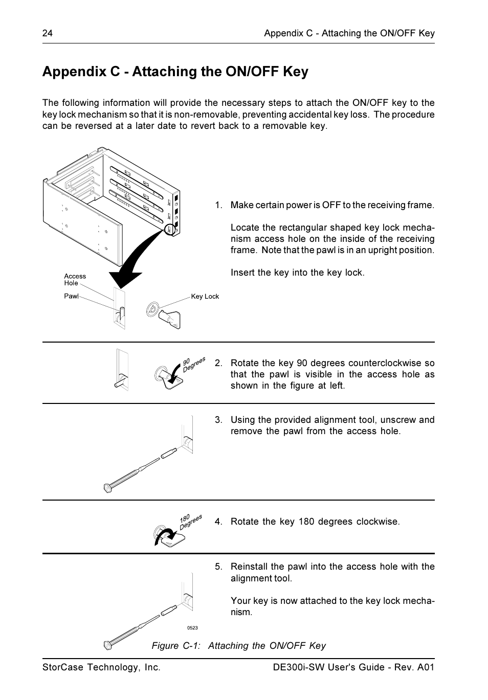 Appendix c - attaching the on/off key | StorCase Technology DE300i-SW User Manual | Page 31 / 35