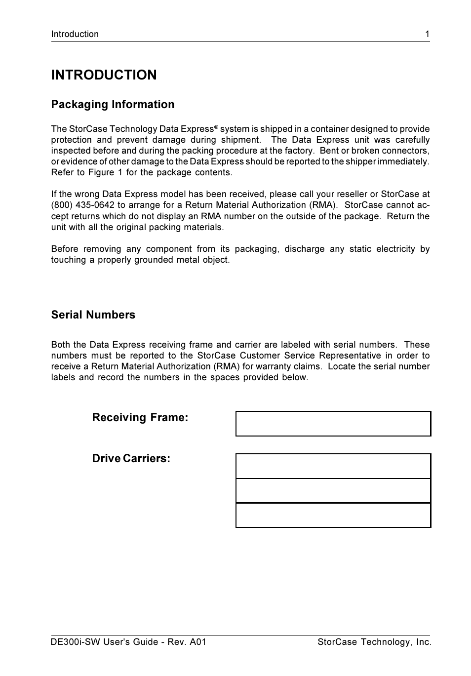 Introduction, Packaging information, Serial numbers | Receiving frame: drive carriers | StorCase Technology DE300i-SW User Manual | Page 8 / 35