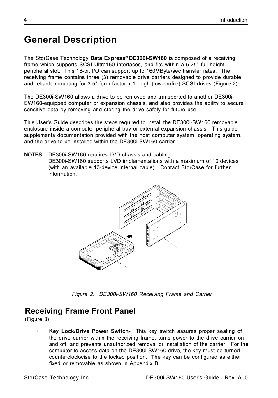 General description, Receiving frame front panel | StorCase Technology DE300i-SW160 User Manual | Page 11 / 29