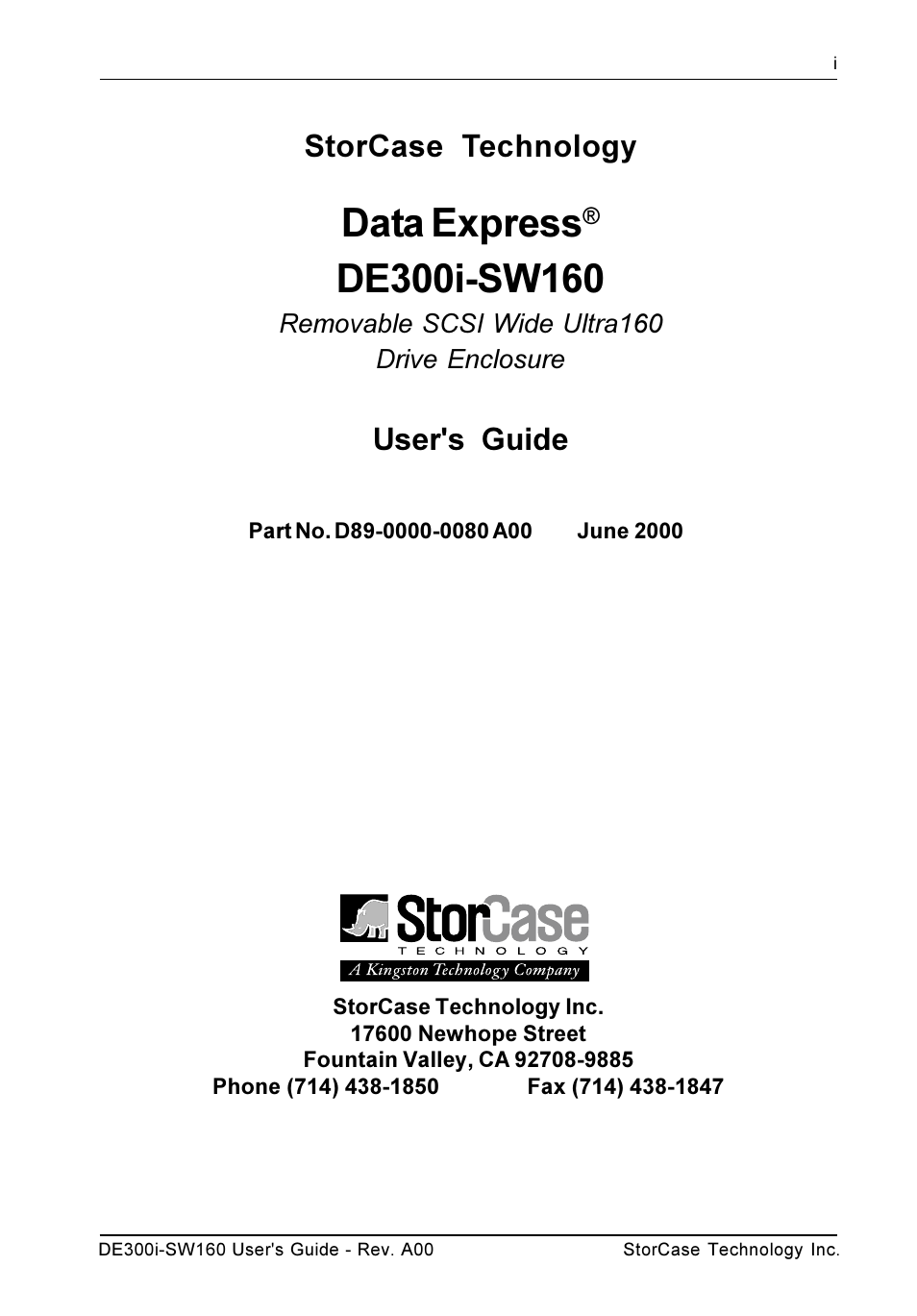 Data express, Storcase technology, User's guide | StorCase Technology DE300i-SW160 User Manual | Page 2 / 29