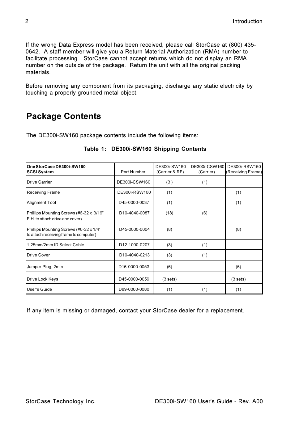 Package contents | StorCase Technology DE300i-SW160 User Manual | Page 9 / 29