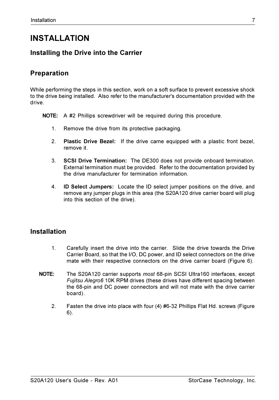 Installation, Installing the drive into the carrier preparation | StorCase Technology S20A120 User Manual | Page 14 / 31