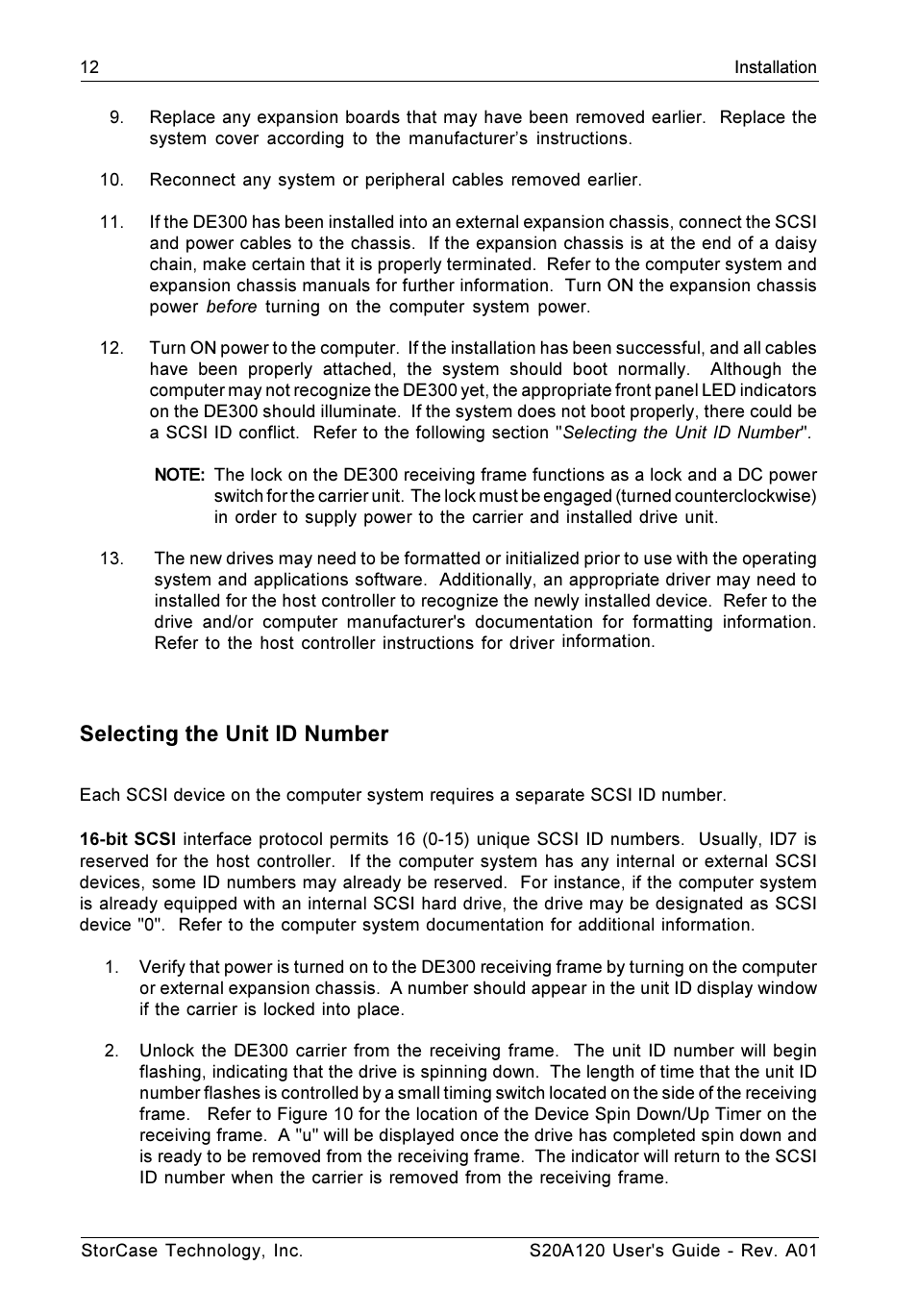 Selecting the unit id number | StorCase Technology S20A120 User Manual | Page 19 / 31