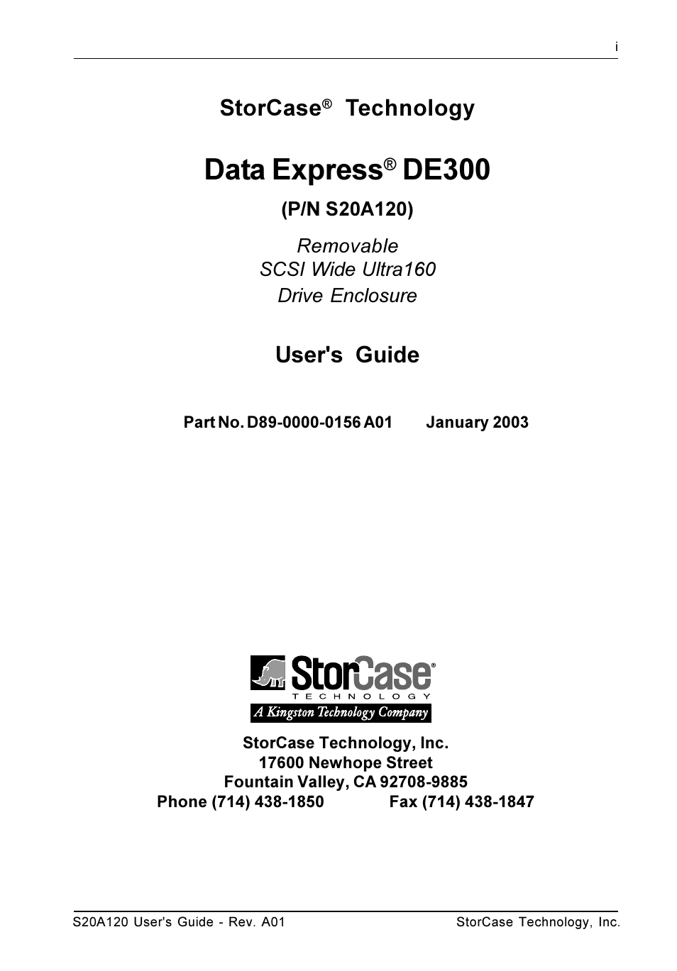 Data express, De300, Storcase | Technology, User's guide | StorCase Technology S20A120 User Manual | Page 2 / 31