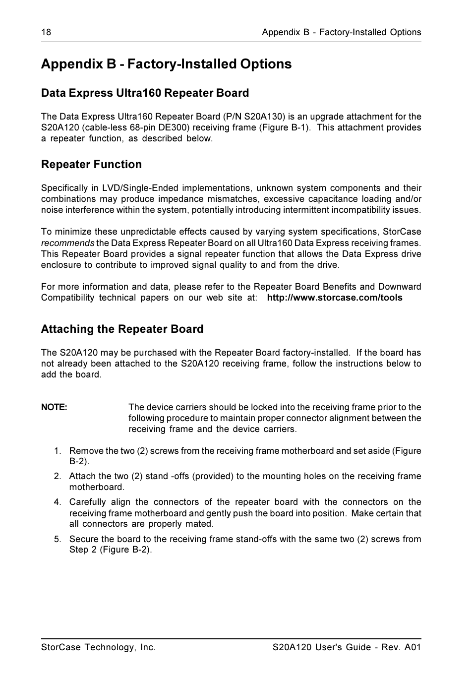 Appendix b - factory-installed options, Data express ultra160 repeater board, Repeater function | Attaching the repeater board | StorCase Technology S20A120 User Manual | Page 25 / 31