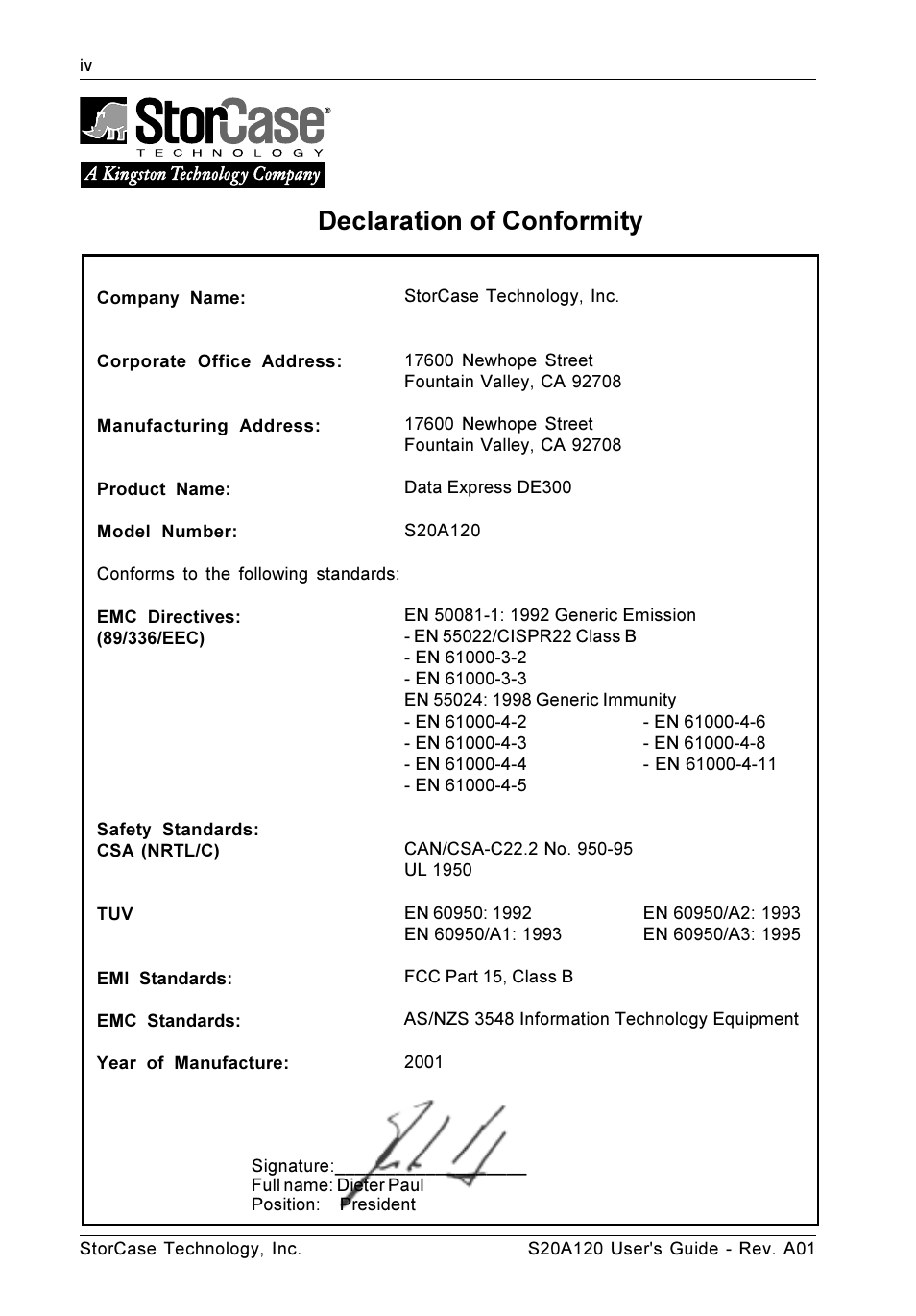 Declaration of conformity | StorCase Technology S20A120 User Manual | Page 5 / 31