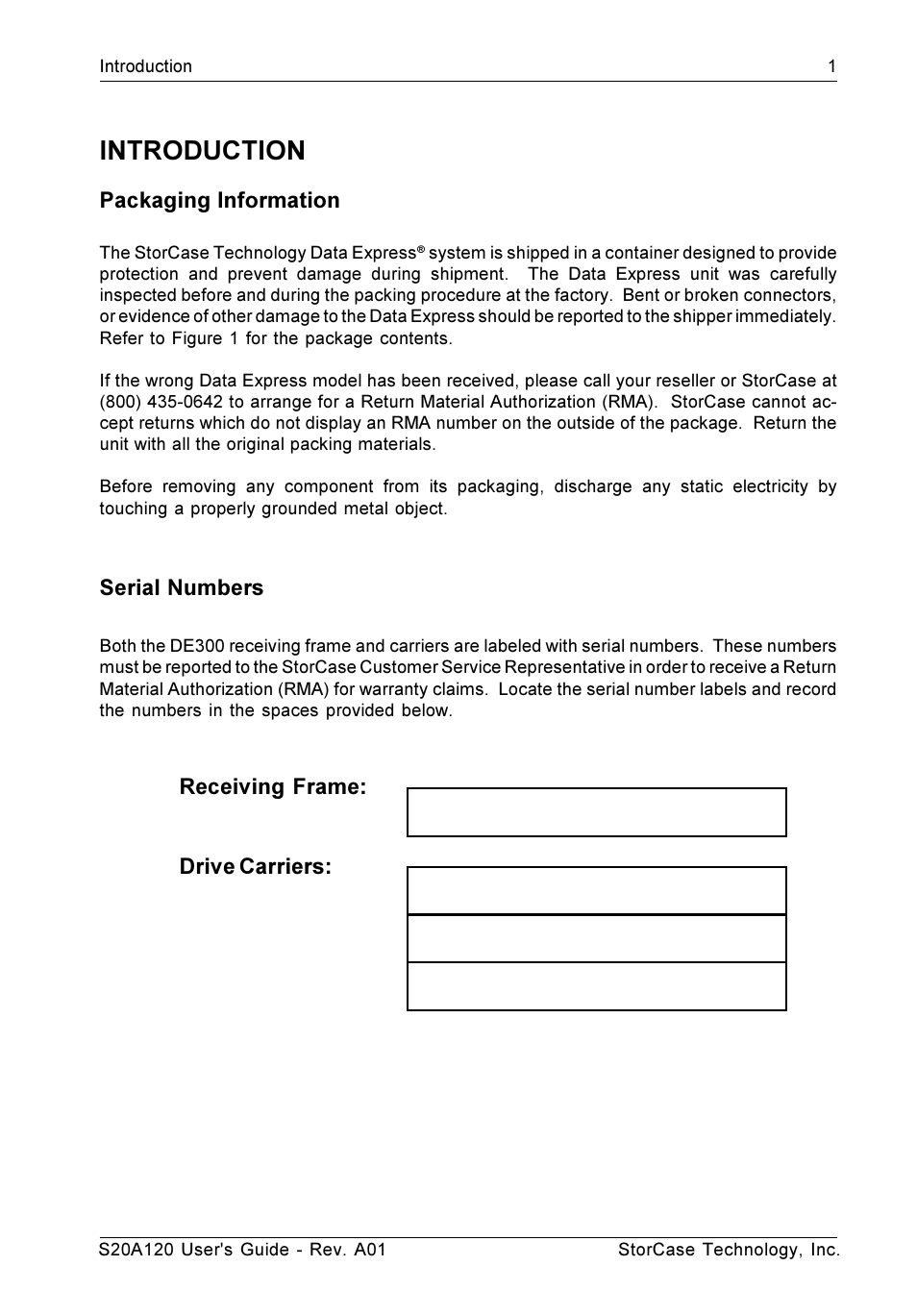 Introduction, Packaging information, Serial numbers | Receiving frame: drive carriers | StorCase Technology S20A120 User Manual | Page 8 / 31