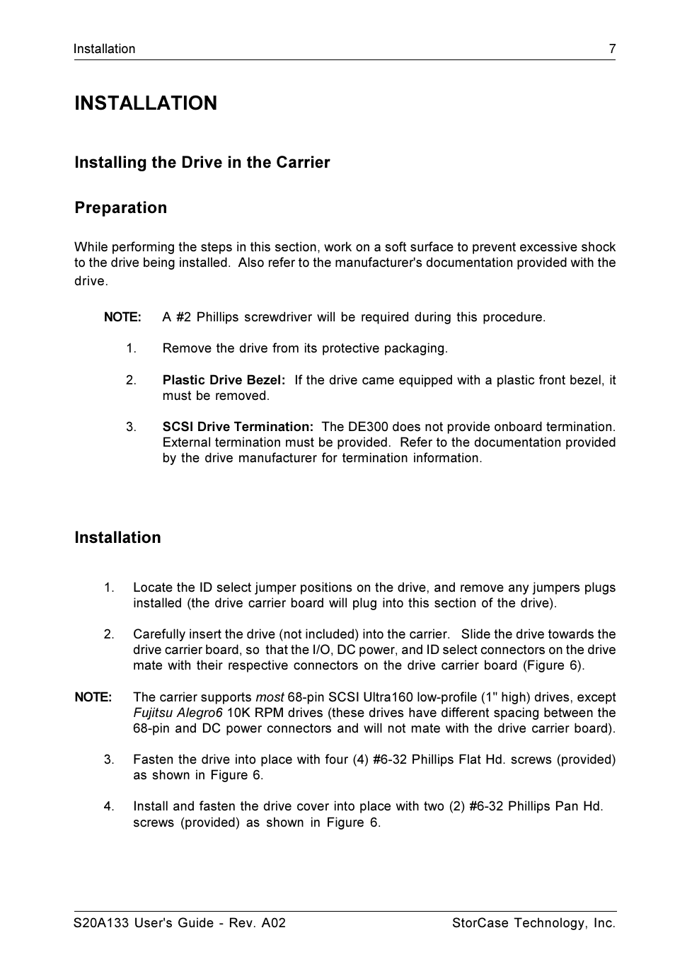 Installation, Installing the drive in the carrier preparation | StorCase Technology S20A133 User Manual | Page 14 / 29