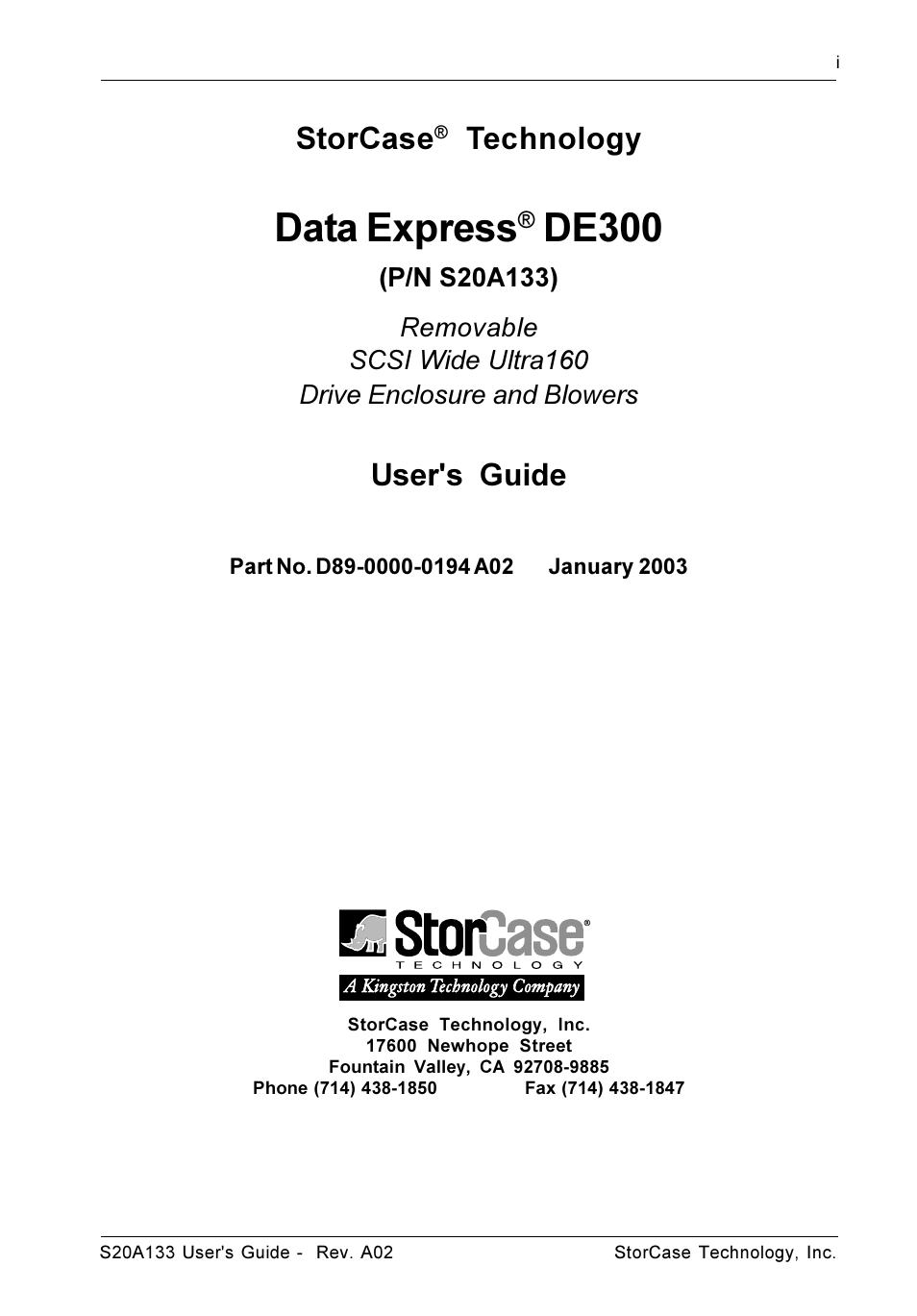 Data express, De300, Storcase | Technology, User's guide | StorCase Technology S20A133 User Manual | Page 2 / 29