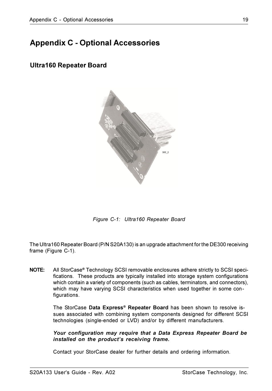 Appendix c - optional accessories, Ultra160 repeater board | StorCase Technology S20A133 User Manual | Page 26 / 29