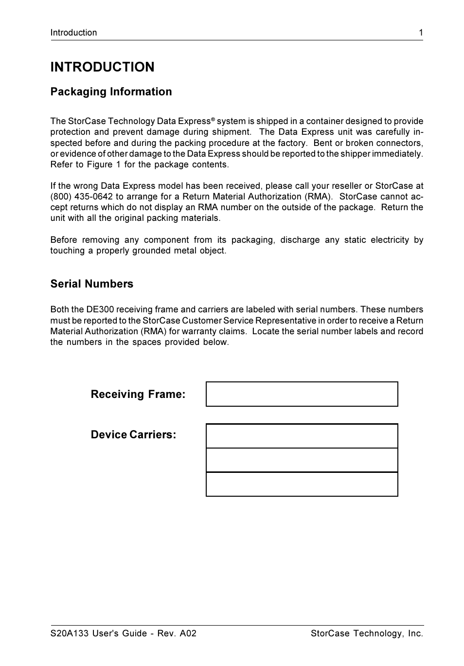 Introduction, Packaging information, Serial numbers | Receiving frame: device carriers | StorCase Technology S20A133 User Manual | Page 8 / 29