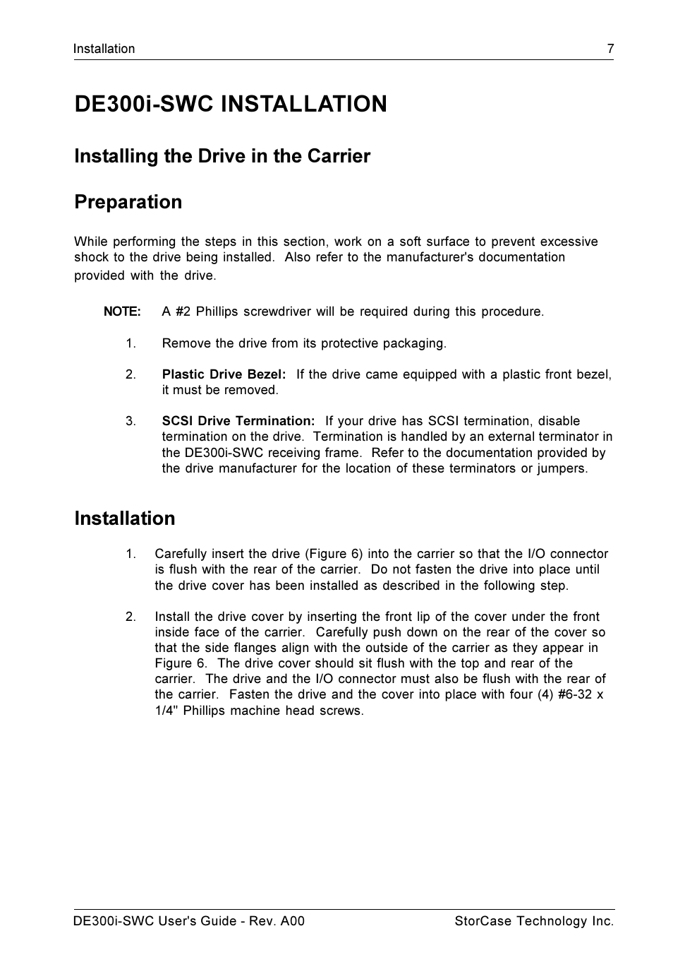 De300i-swc installation, Installing the drive in the carrier preparation, Installation | StorCase Technology DE300i-SWC User Manual | Page 14 / 33