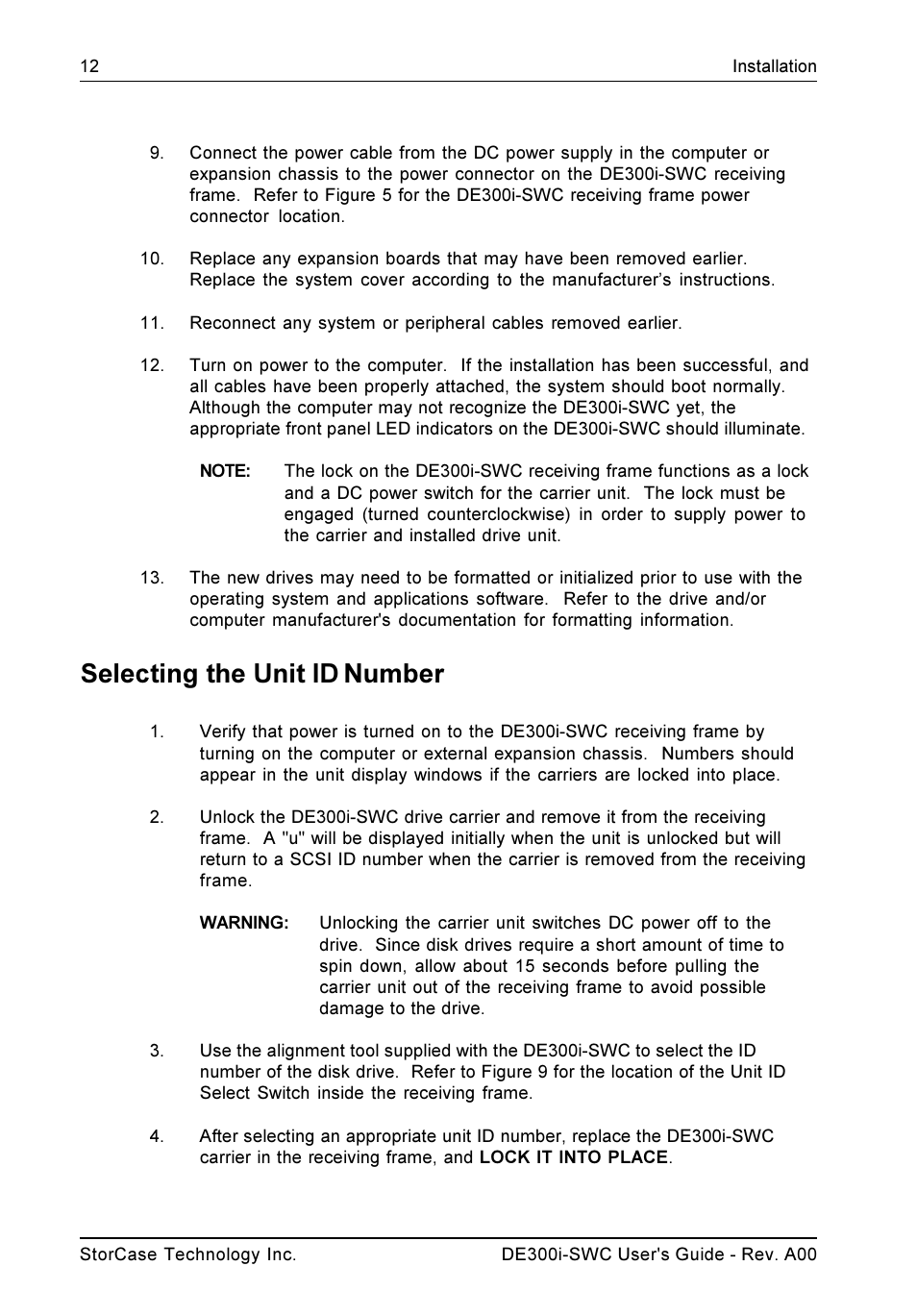 Selecting the unit id number | StorCase Technology DE300i-SWC User Manual | Page 19 / 33