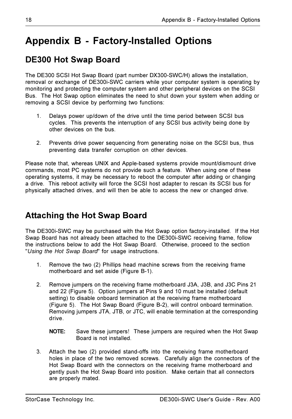 Appendix b - factory-installed options, De300 hot swap board, Attaching the hot swap board | StorCase Technology DE300i-SWC User Manual | Page 25 / 33
