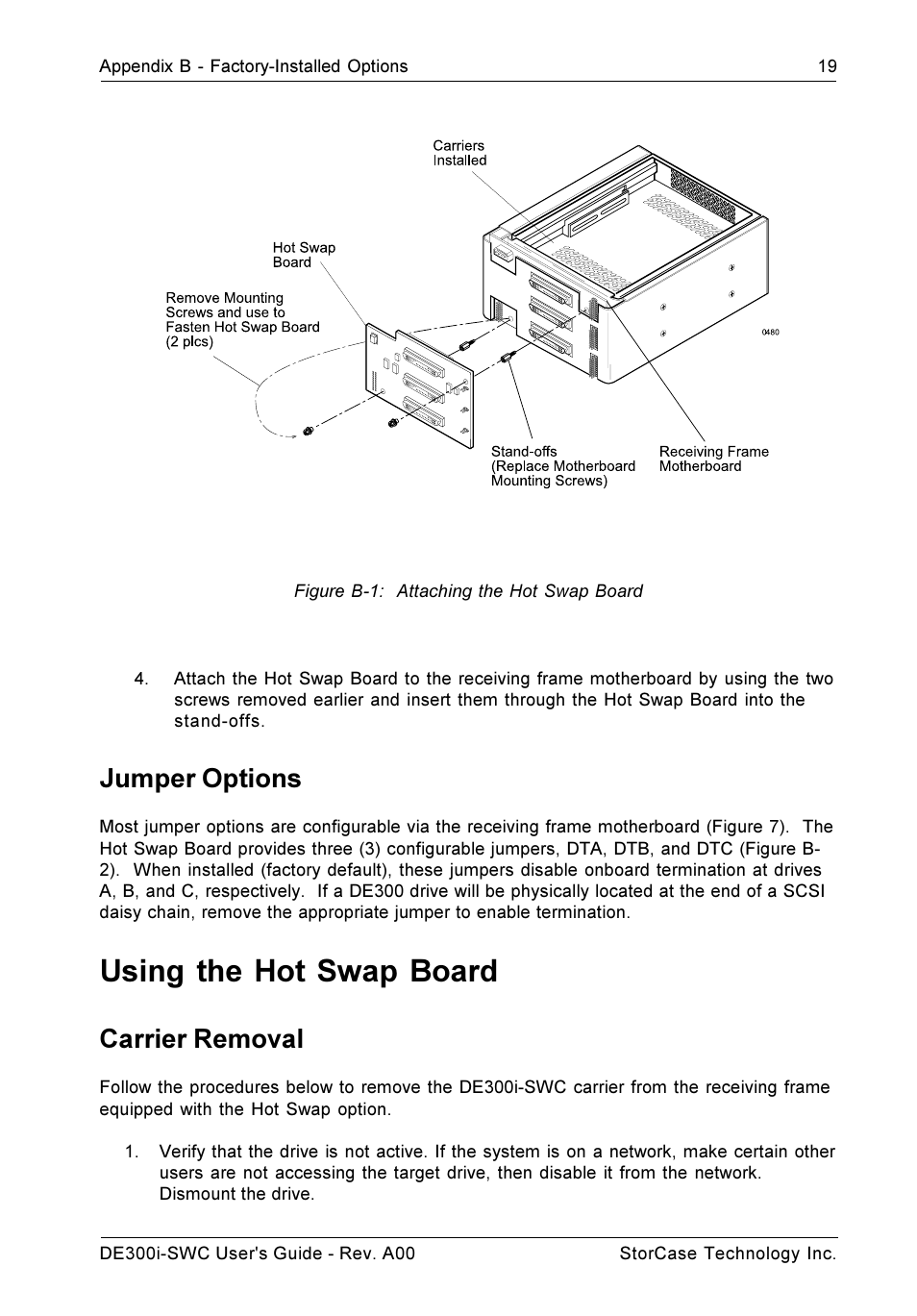 Using the hot swap board, Jumper options, Carrier removal | StorCase Technology DE300i-SWC User Manual | Page 26 / 33