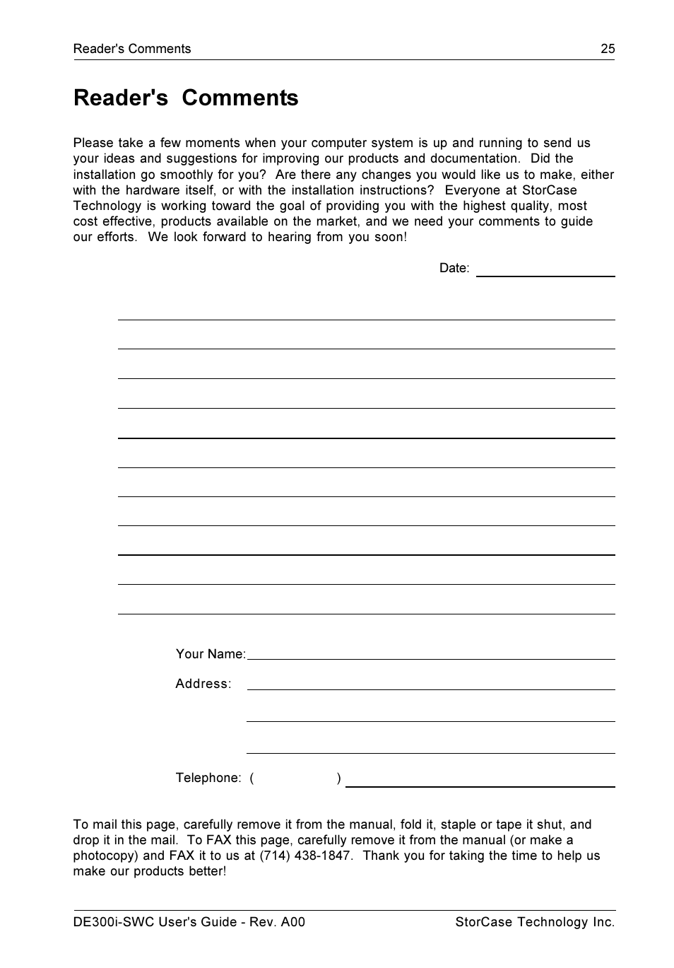 Reader's comments | StorCase Technology DE300i-SWC User Manual | Page 32 / 33