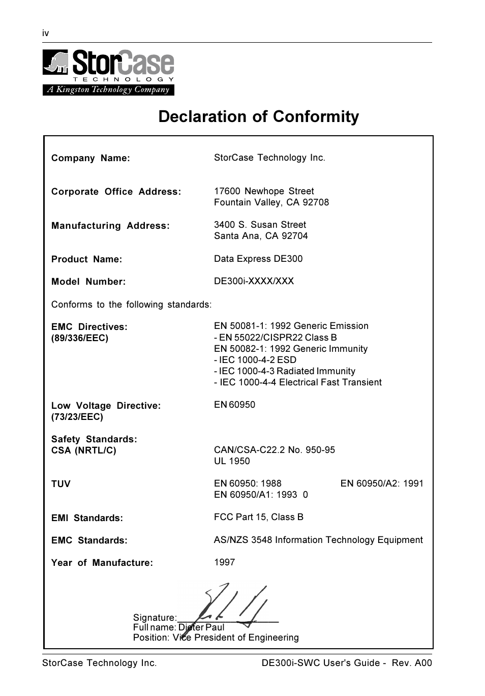 Declaration of conformity | StorCase Technology DE300i-SWC User Manual | Page 5 / 33