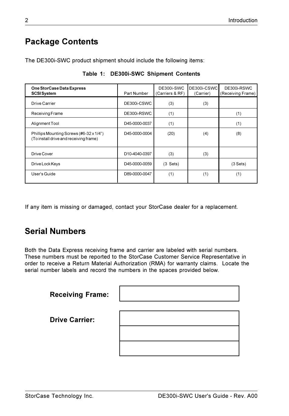 Serial numbers, Package contents, Receiving frame: drive carrier | StorCase Technology DE300i-SWC User Manual | Page 9 / 33