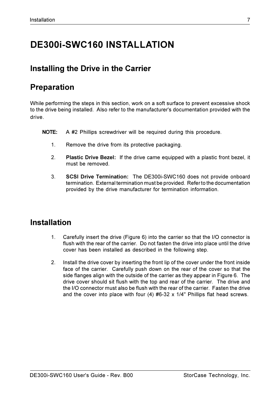 Installation, Installing the drive into the carrier, Installing the drive in the carrier preparation | StorCase Technology DE300i-SWC160 User Manual | Page 14 / 29