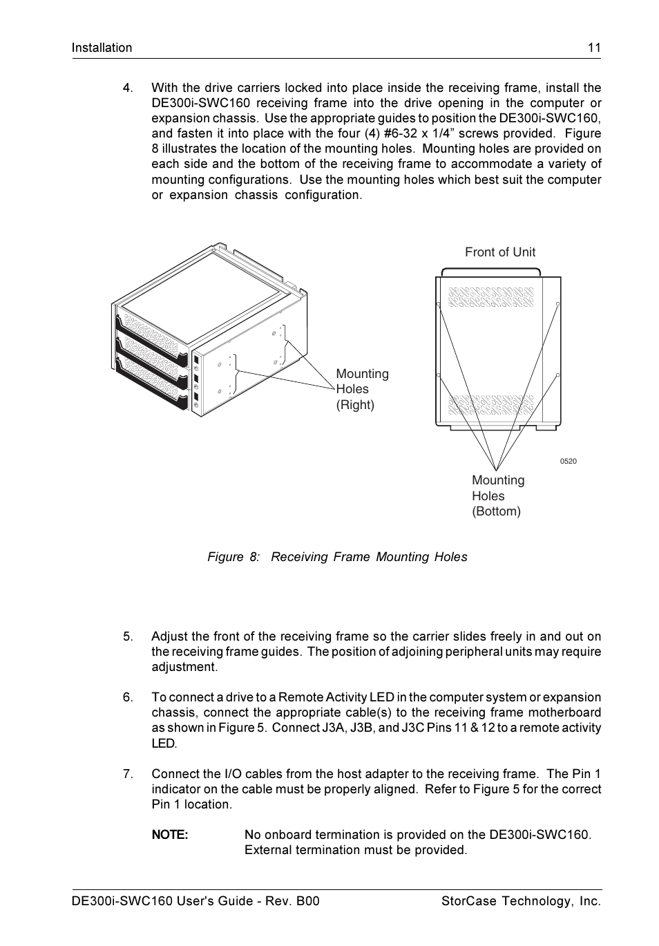 Figure 8: receiving frame mounting holes | StorCase Technology DE300i-SWC160 User Manual | Page 18 / 29