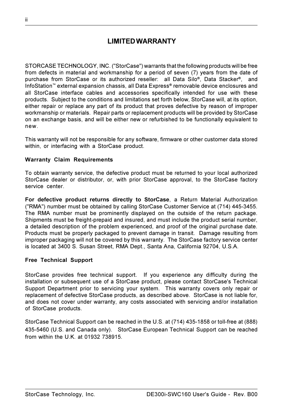 Limited warranty, Warranty claim requirements, Free technical support | StorCase Technology DE300i-SWC160 User Manual | Page 3 / 29