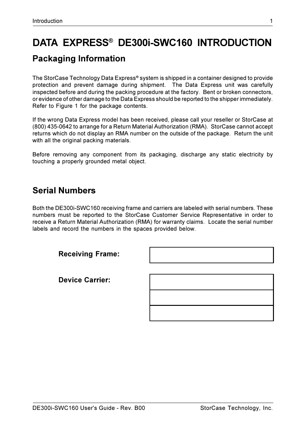 Introduction, Packaging information, Serial numbers | Data express | StorCase Technology DE300i-SWC160 User Manual | Page 8 / 29