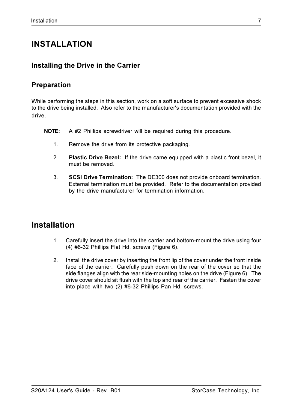 Installation, Installing the drive in the carrier preparation | StorCase Technology S20A124 User Manual | Page 14 / 29