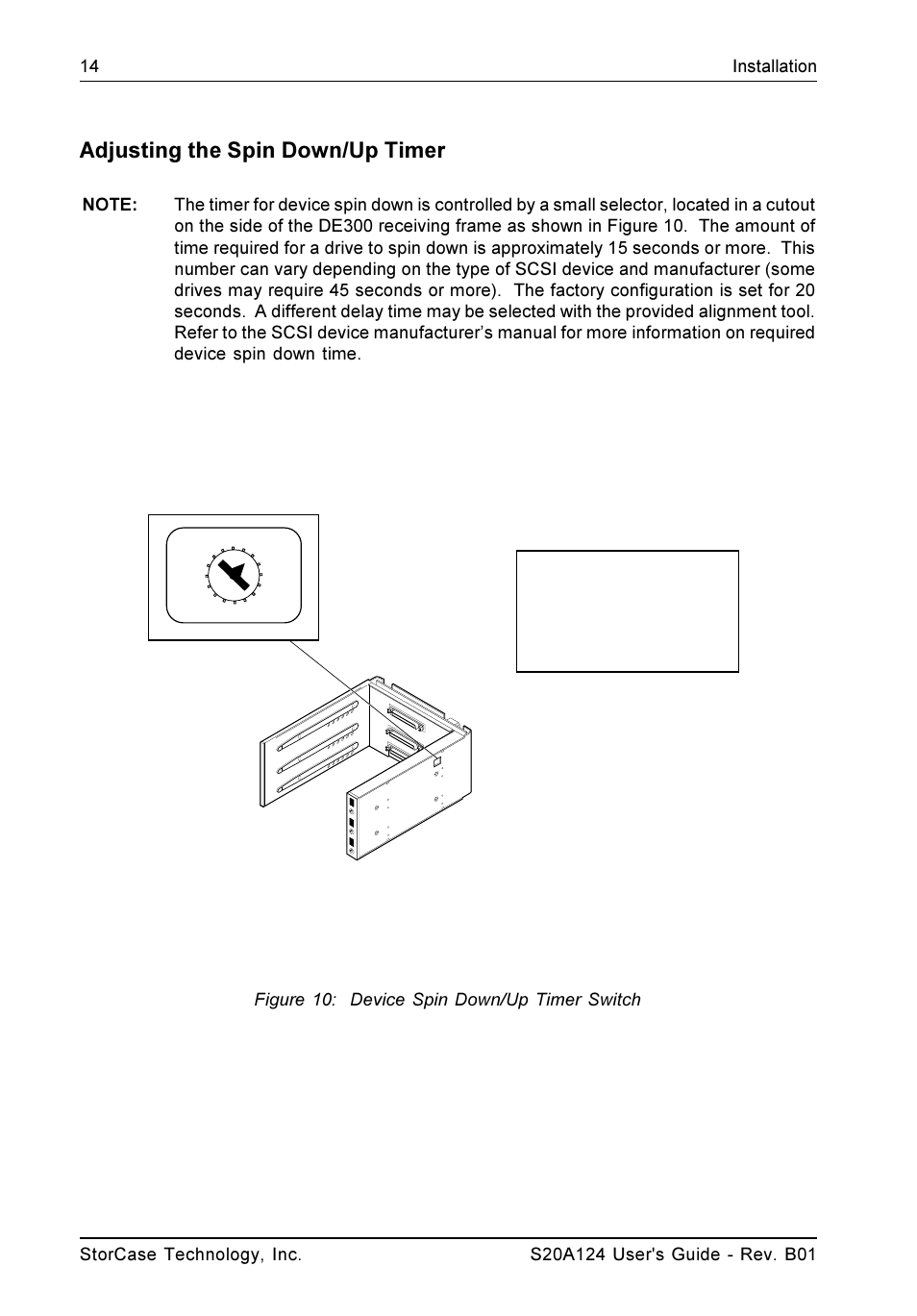 Adjusting the spin down/up timer, Figure 10: device spin down/up timer switch | StorCase Technology S20A124 User Manual | Page 21 / 29