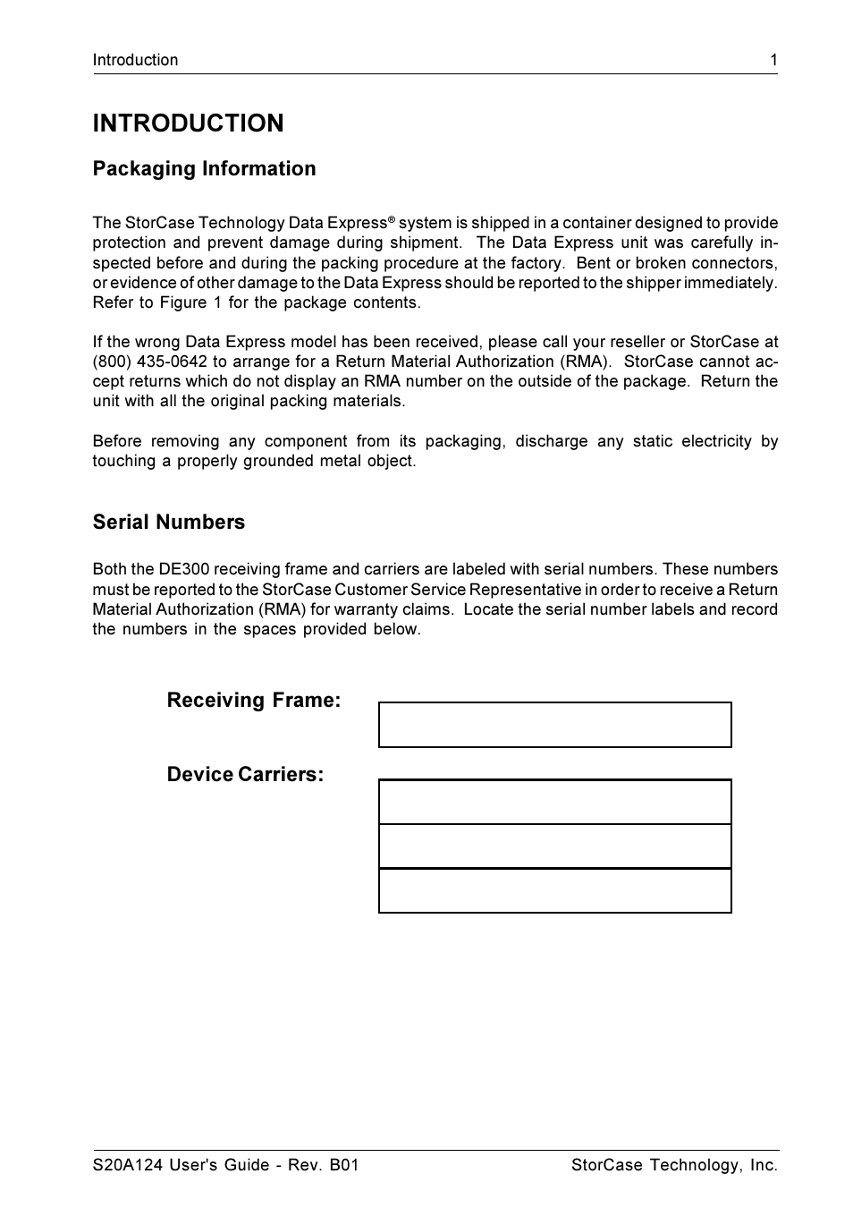 Introduction, Packaging information, Serial numbers | Receiving frame: device carriers | StorCase Technology S20A124 User Manual | Page 8 / 29