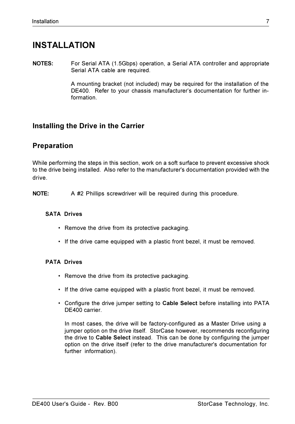 Installation, Installing the drive in the carrier preparation | StorCase Technology DE400 User Manual | Page 15 / 28