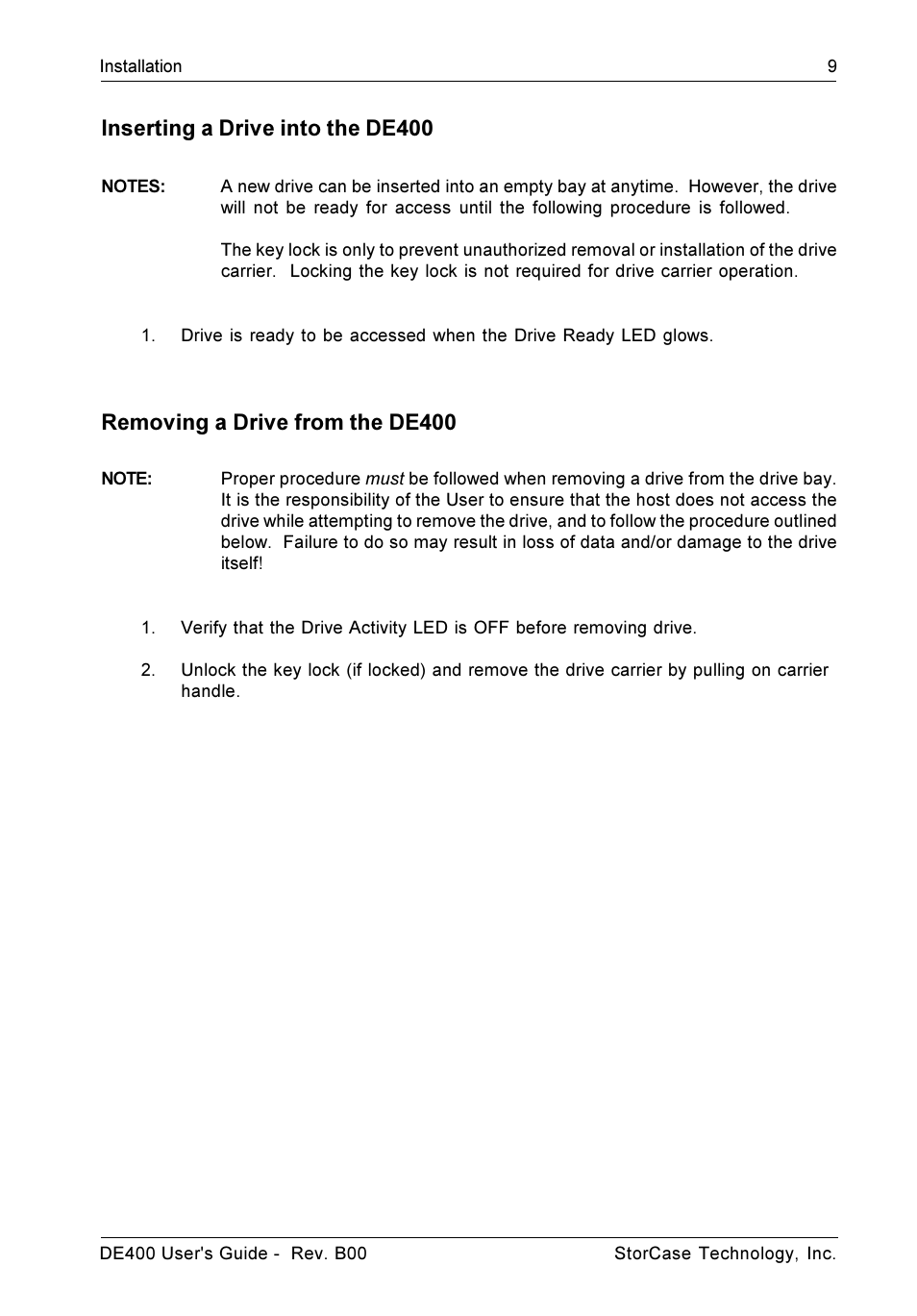Inserting a drive into the de400, Removing a drive from the de400 | StorCase Technology DE400 User Manual | Page 17 / 28