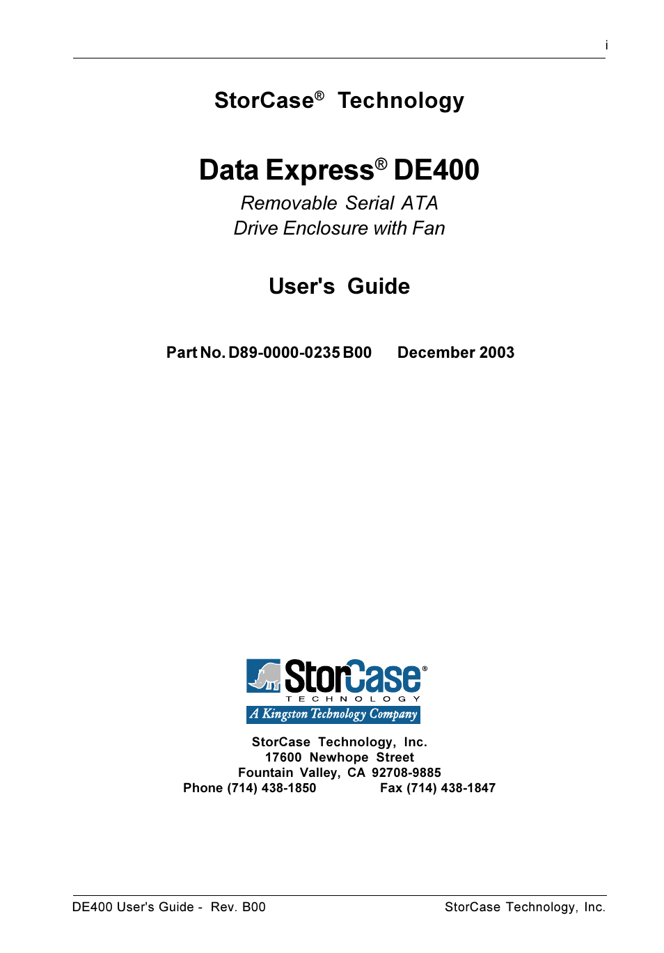 Data express, De400, Storcase | Technology, User's guide | StorCase Technology DE400 User Manual | Page 2 / 28