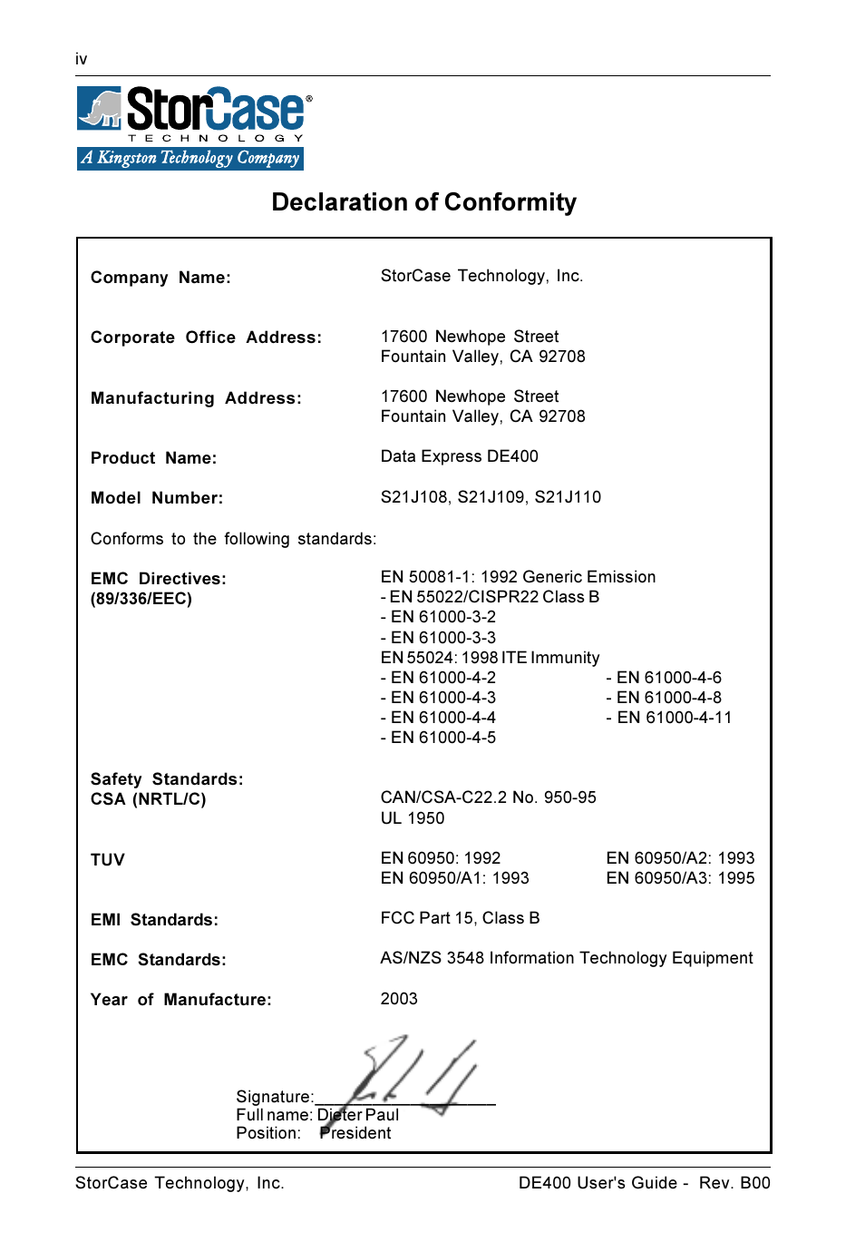 Declaration of conformity | StorCase Technology DE400 User Manual | Page 5 / 28