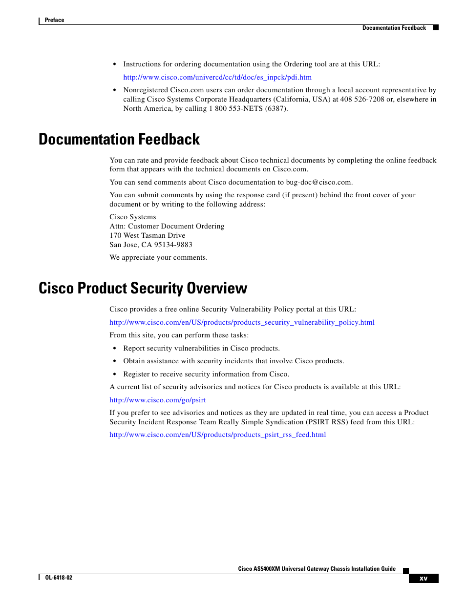 Documentation feedback, Cisco product security overview | Cisco XM Universal Gateways Cisco AS5400XM User Manual | Page 15 / 100