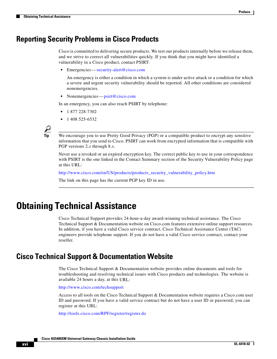 Reporting security problems in cisco products, Obtaining technical assistance, Cisco technical support & documentation website | Cisco XM Universal Gateways Cisco AS5400XM User Manual | Page 16 / 100