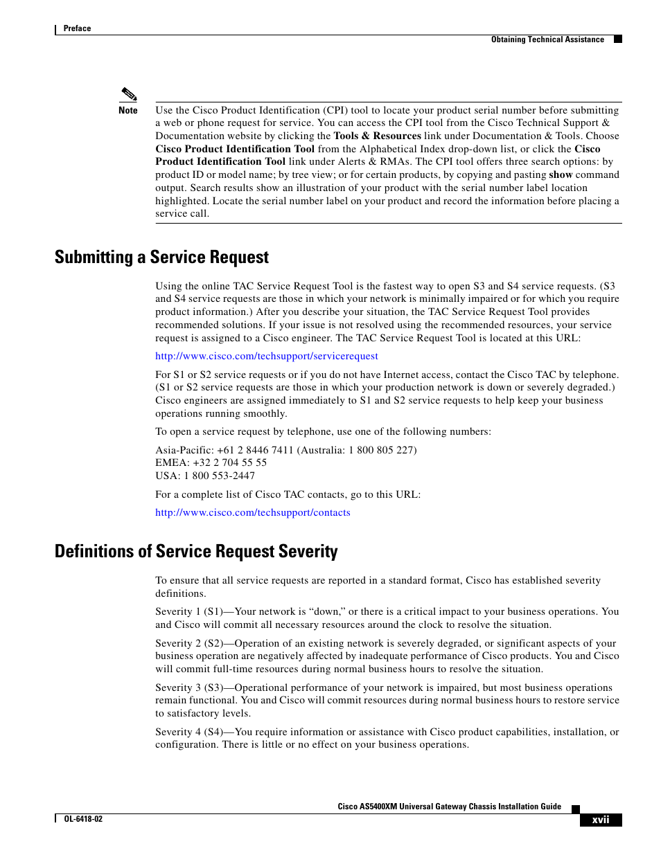 Submitting a service request, Definitions of service request severity | Cisco XM Universal Gateways Cisco AS5400XM User Manual | Page 17 / 100