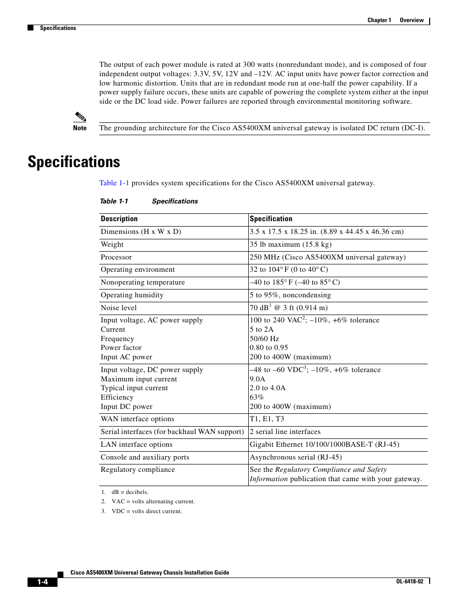 Specifications | Cisco XM Universal Gateways Cisco AS5400XM User Manual | Page 22 / 100