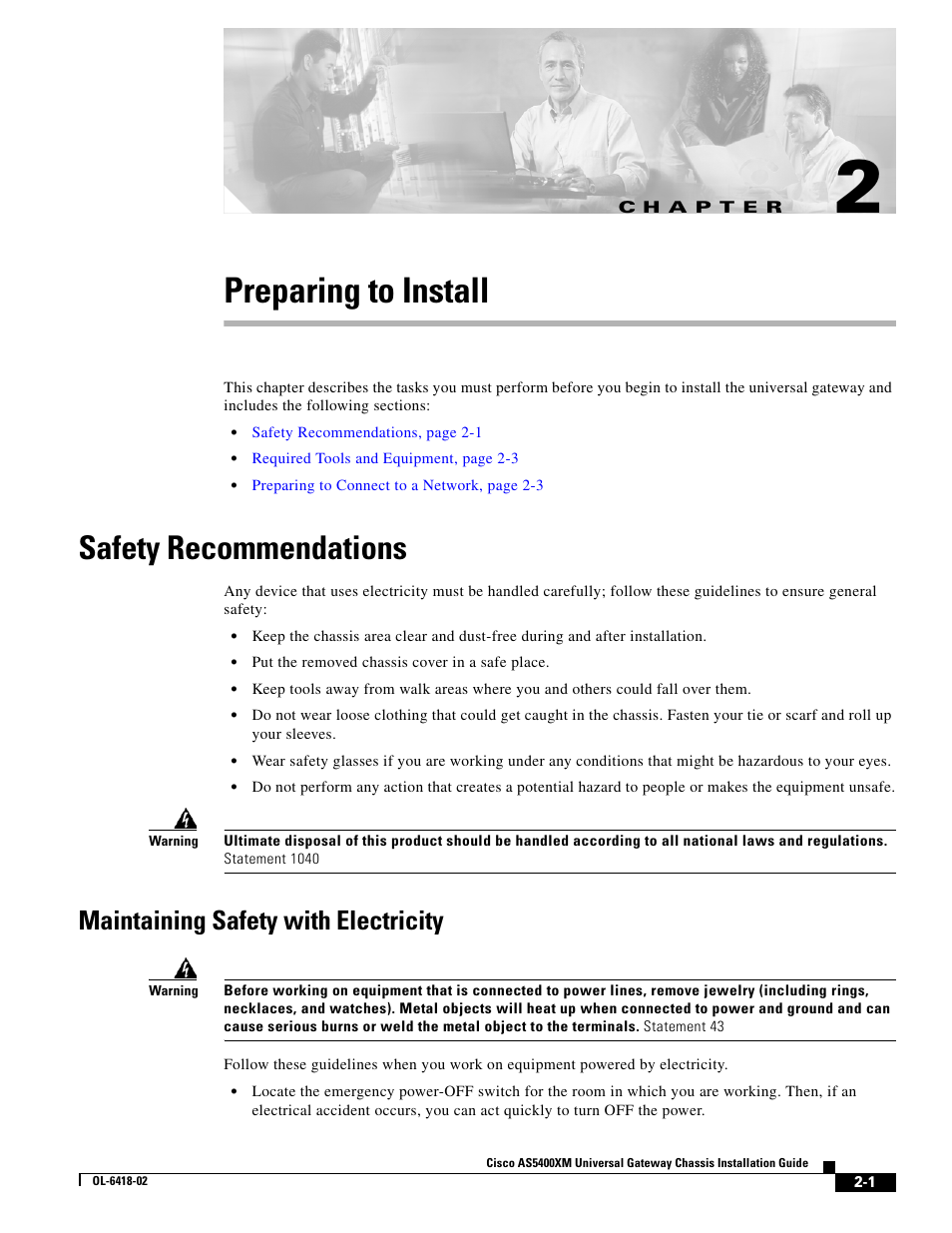 Preparing to install, Safety recommendations, Maintaining safety with electricity | C h a p t e r | Cisco XM Universal Gateways Cisco AS5400XM User Manual | Page 23 / 100
