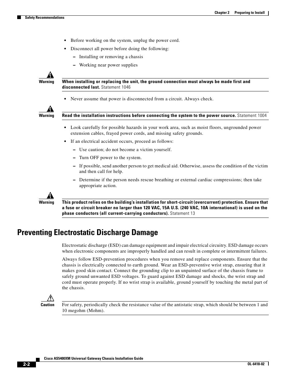 Preventing electrostatic discharge damage | Cisco XM Universal Gateways Cisco AS5400XM User Manual | Page 24 / 100