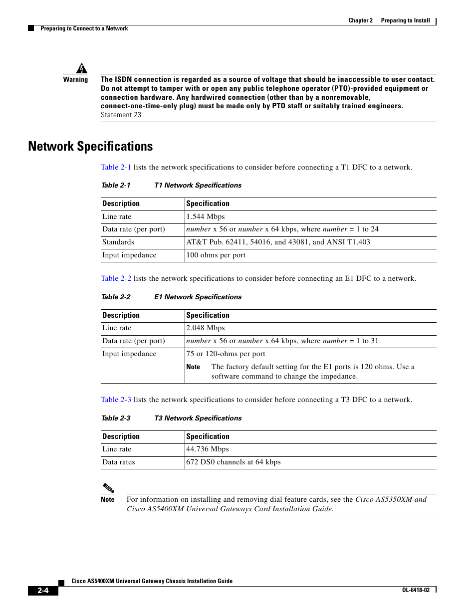 Network specifications | Cisco XM Universal Gateways Cisco AS5400XM User Manual | Page 26 / 100