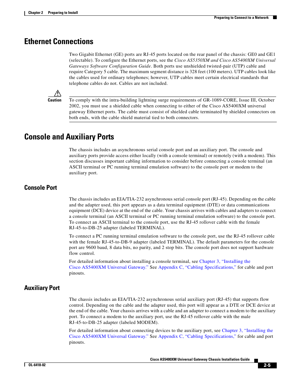 Ethernet connections, Console and auxiliary ports, Console port | Auxiliary port | Cisco XM Universal Gateways Cisco AS5400XM User Manual | Page 27 / 100