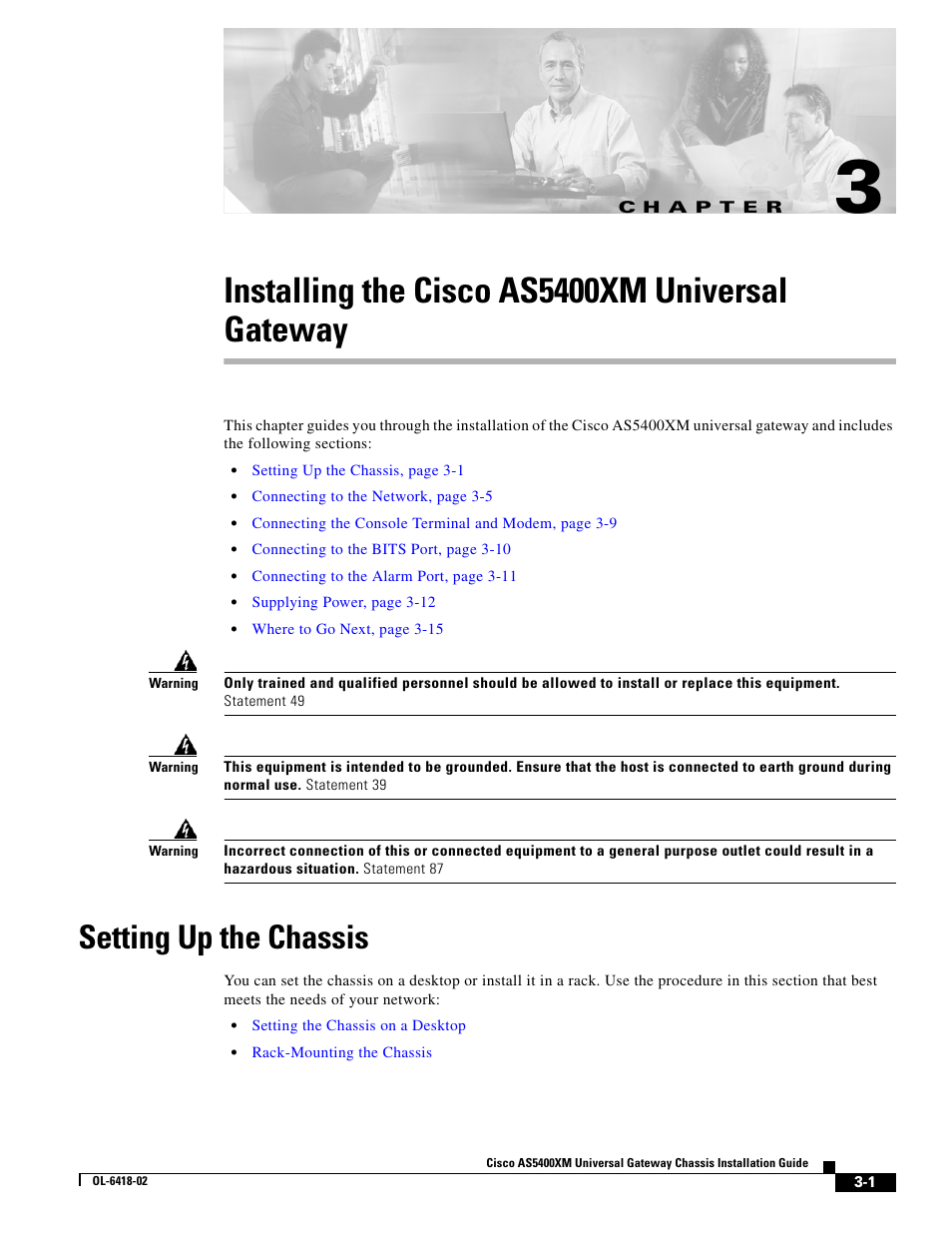 Installing the cisco as5400xm universal gateway, Setting up the chassis, C h a p t e r | Chapter 3, “installing the, Cisco as5400xm universal gateway, Chapter 3, “installing the cisco as5400xm, Universal gateway | Cisco XM Universal Gateways Cisco AS5400XM User Manual | Page 31 / 100